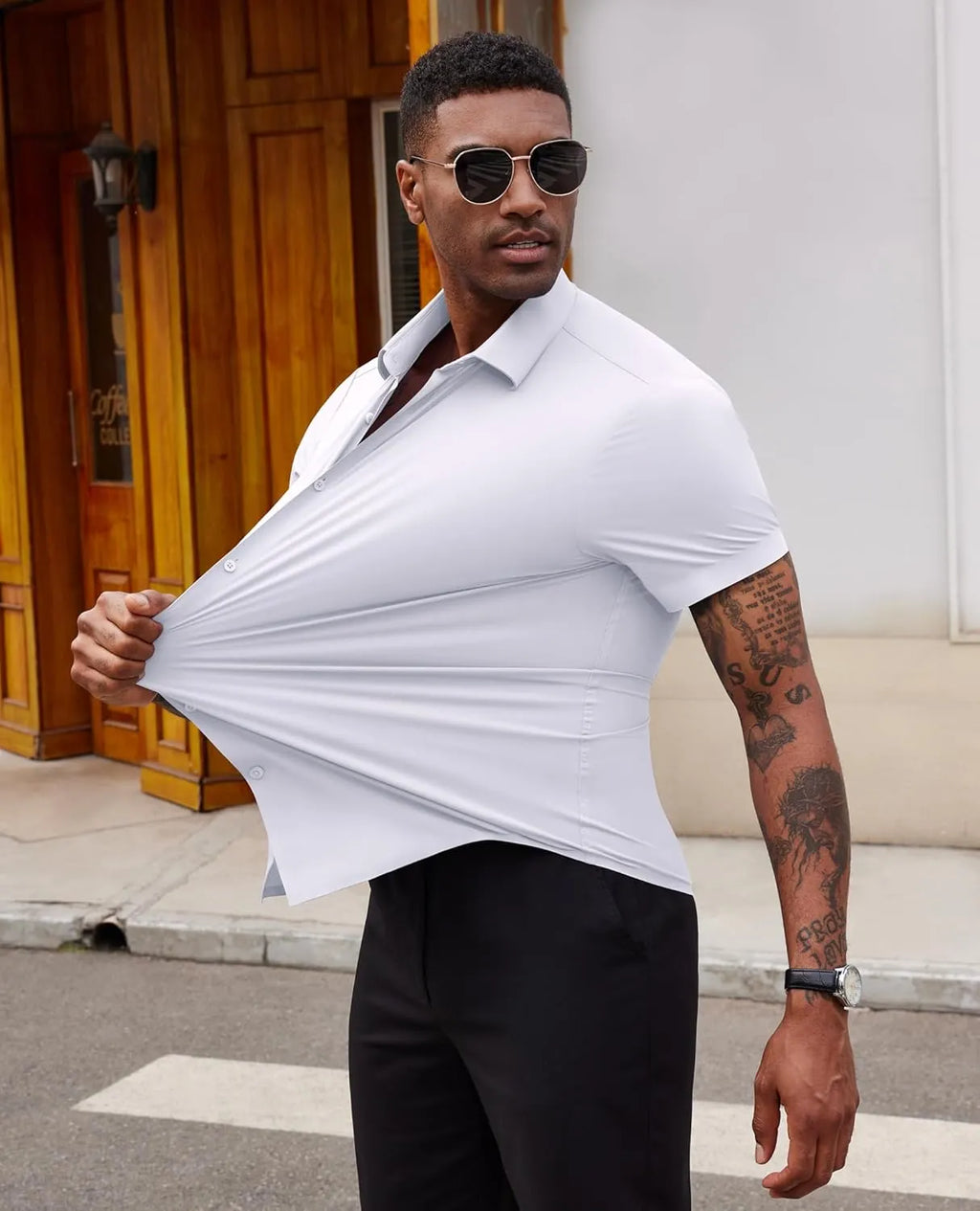 Stretch Dress Shirts for Men Short Sleeve Slim Fit Casual Button Down Shirts Muscle Fit Men's Dress Shirts