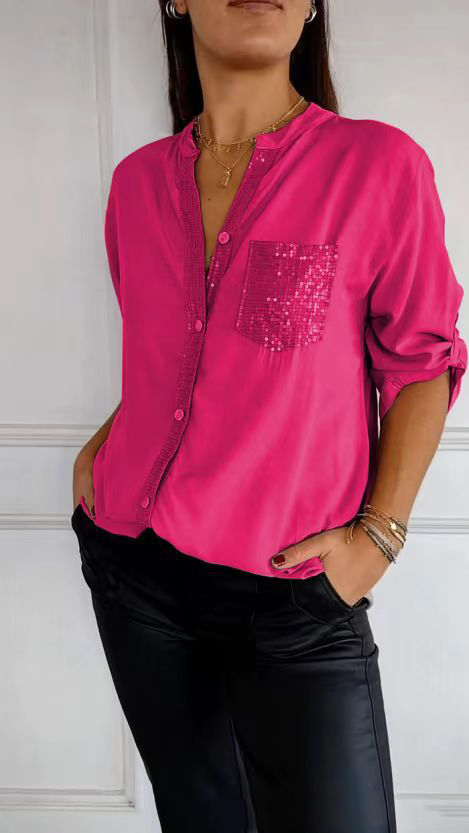 🔥2025 HOT SALE🌸Cotton V-neck Sequin Mid-sleeve Casual Top
