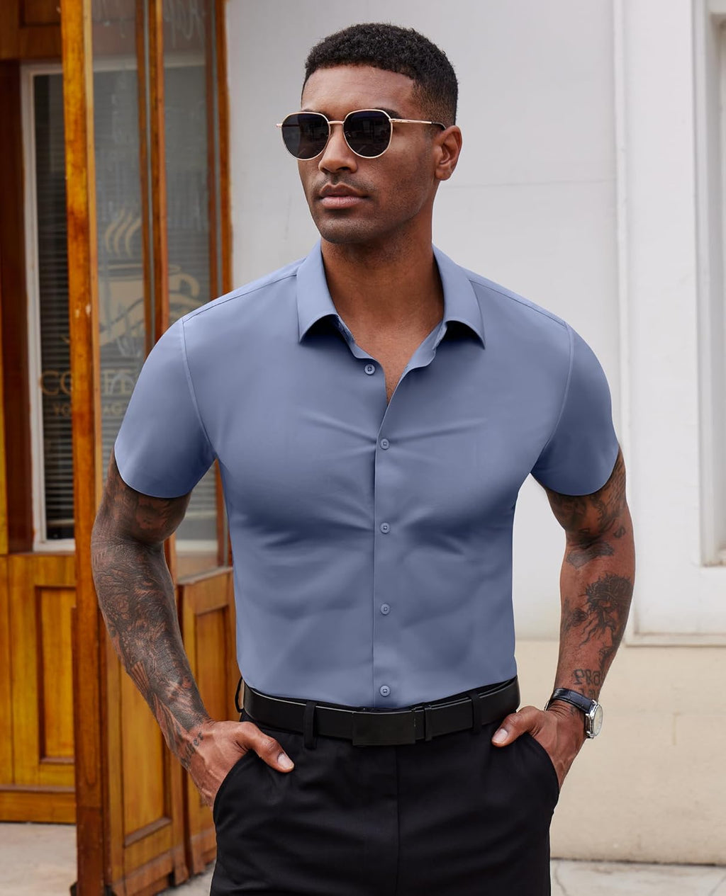 Stretch Dress Shirts for Men Short Sleeve Slim Fit Casual Button Down Shirts Muscle Fit Men's Dress Shirts