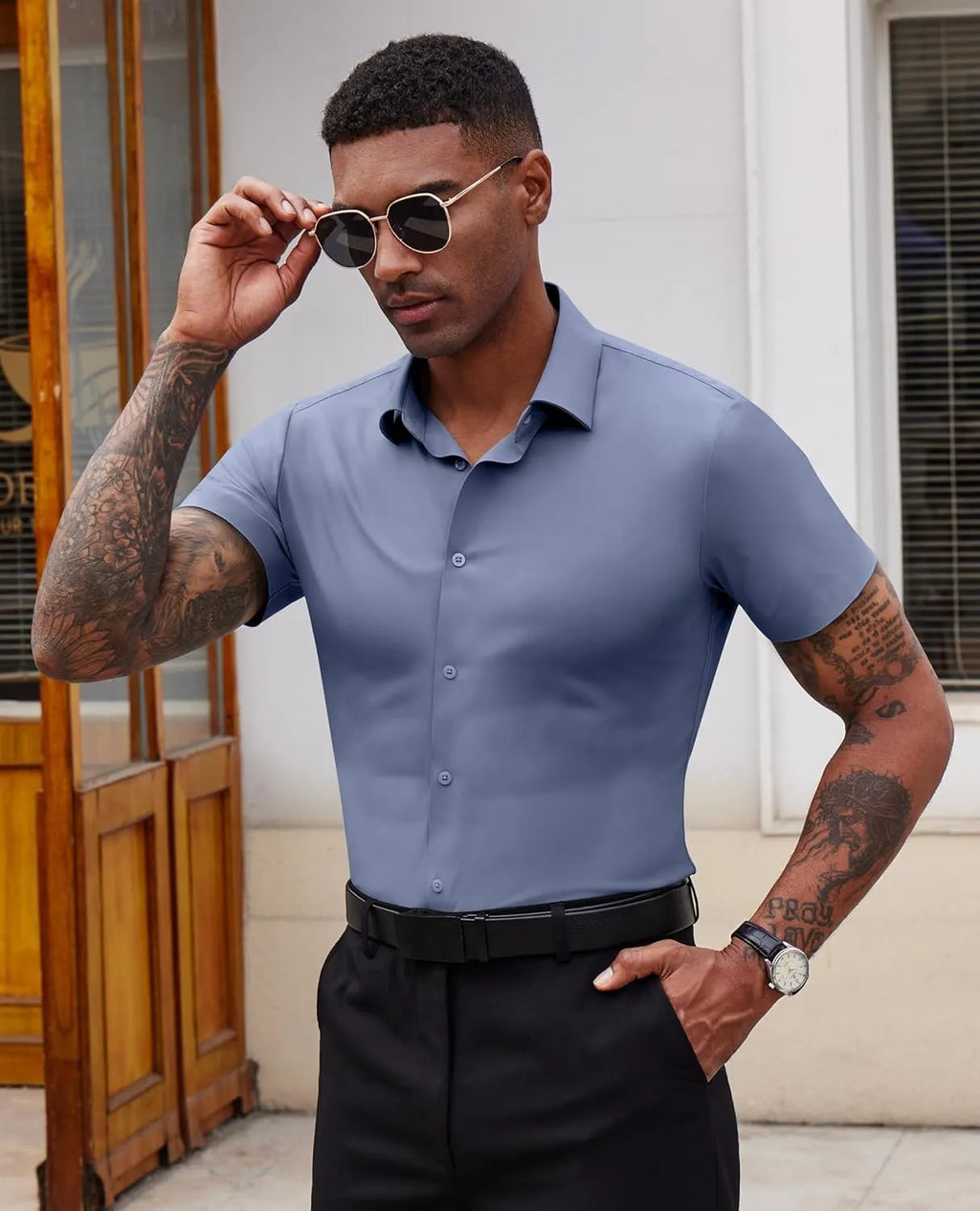 Stretch Dress Shirts for Men Short Sleeve Slim Fit Casual Button Down Shirts Muscle Fit Men's Dress Shirts