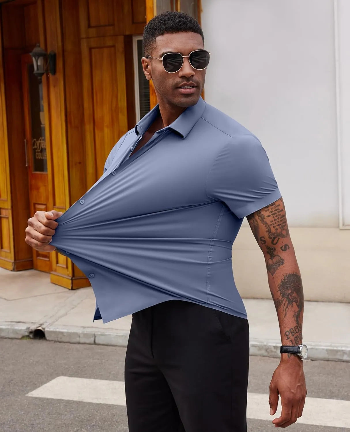 Stretch Dress Shirts for Men Short Sleeve Slim Fit Casual Button Down Shirts Muscle Fit Men's Dress Shirts
