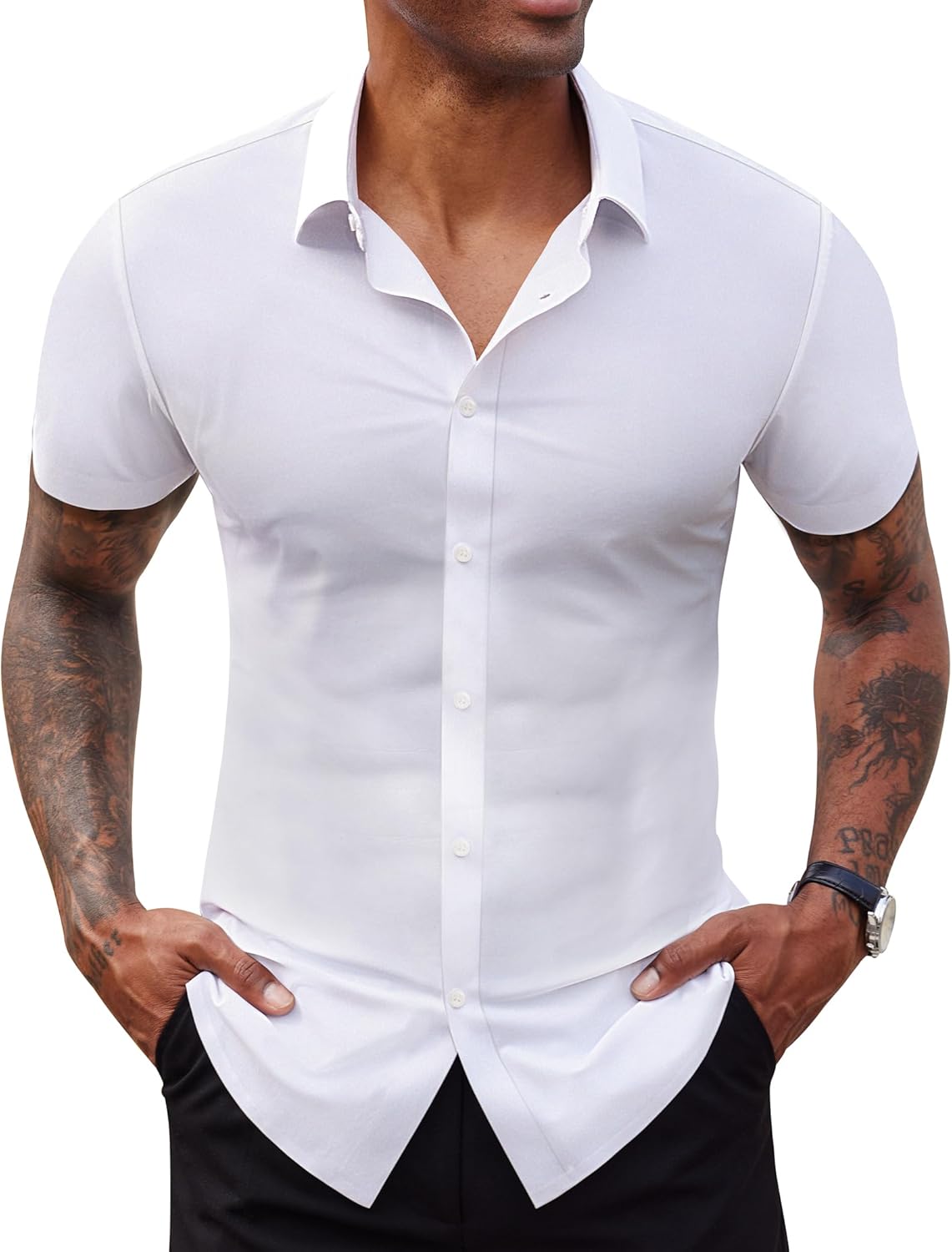 Stretch Dress Shirts for Men Short Sleeve Slim Fit Casual Button Down Shirts Muscle Fit Men's Dress Shirts