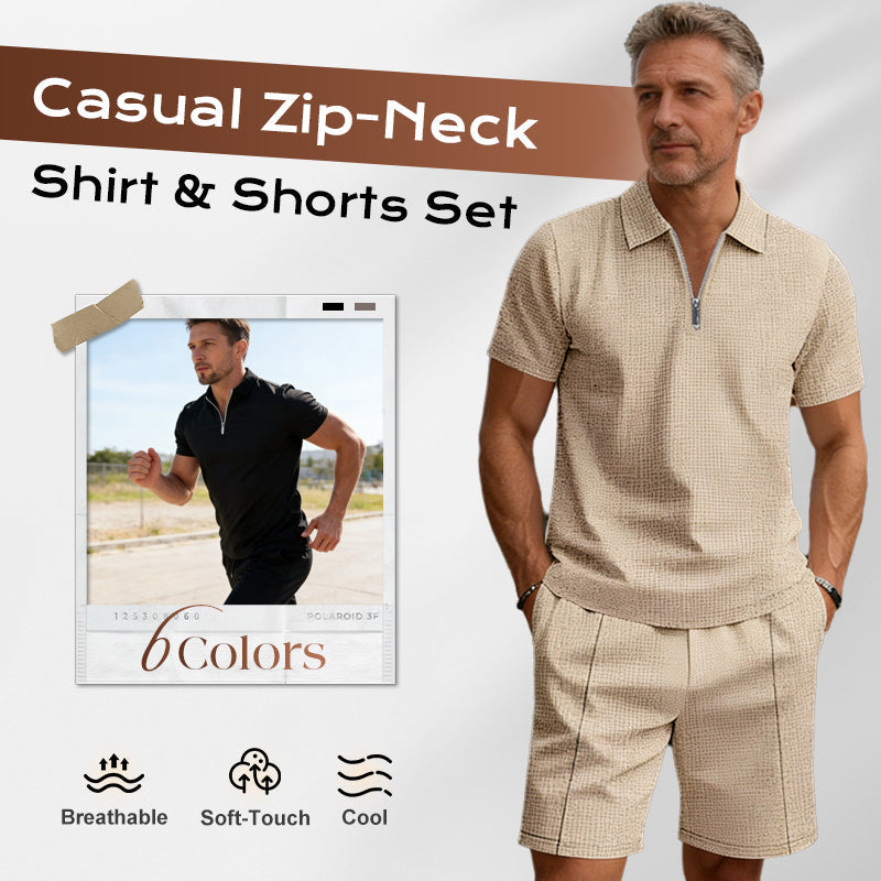 ⏳Time-Limited Special⏰Zip-Neck Shirt & Shorts Set – Casual, Summer, Waffle Knit ✨