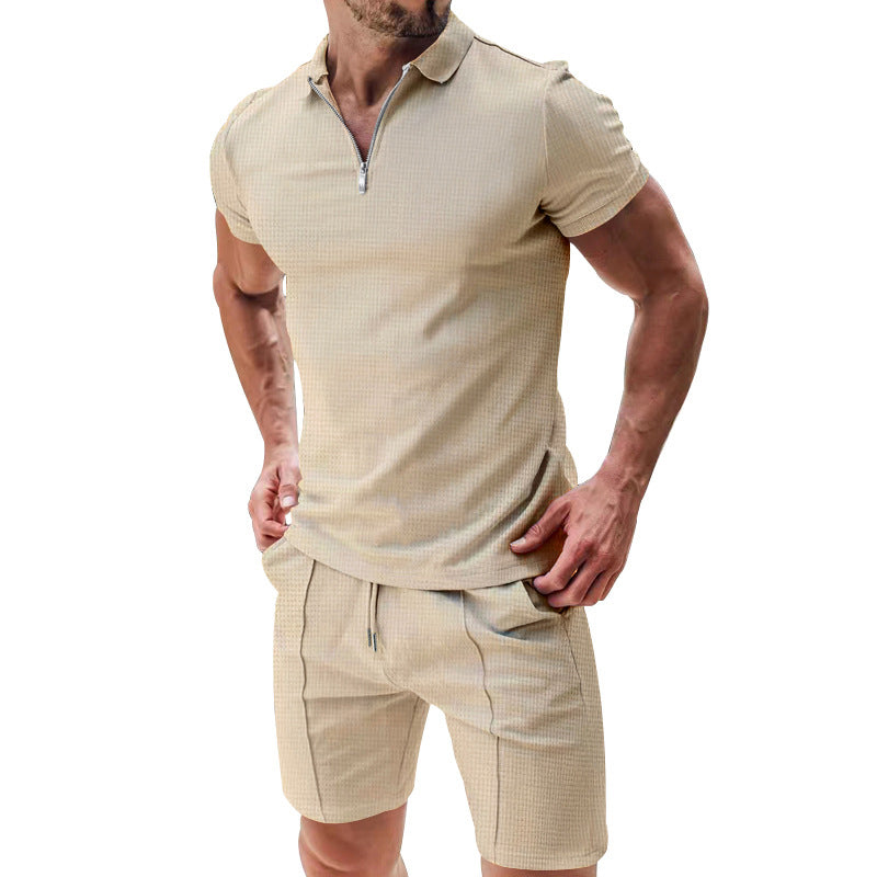 ⏳Time-Limited Special⏰Zip-Neck Shirt & Shorts Set – Casual, Summer, Waffle Knit ✨